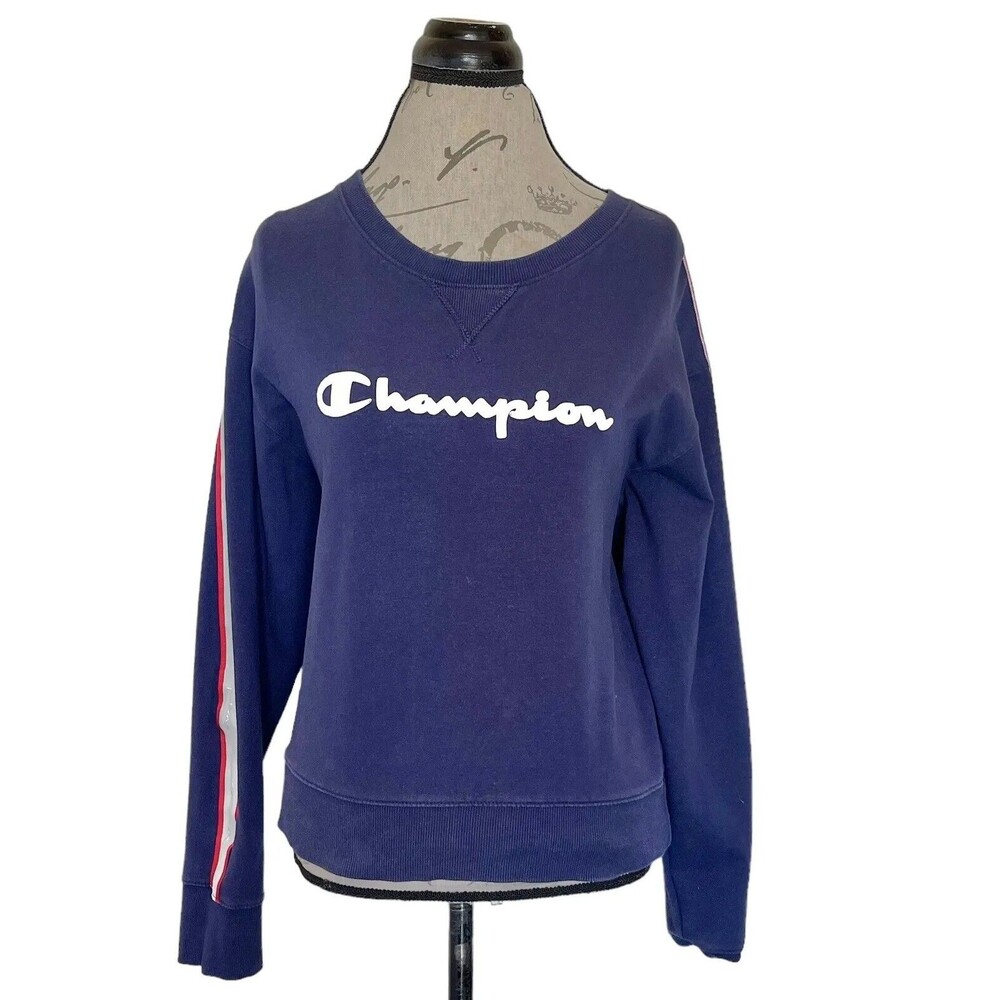 Champion Heritage Crewneck Sweatshirt Navy Blue Spellout Sleeve Stripe Sz Medium - Picture 5 of 13